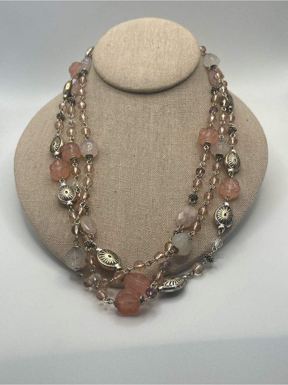Avon Multi-Strand Pink Acrylic Bead Necklace with Silver Accents